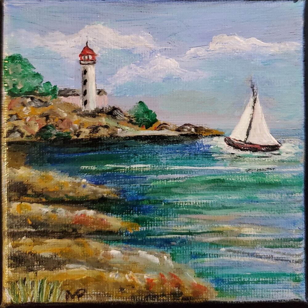 Lighthouse & Sailboat Mini Painting Gift Art Canvas 4"x4"